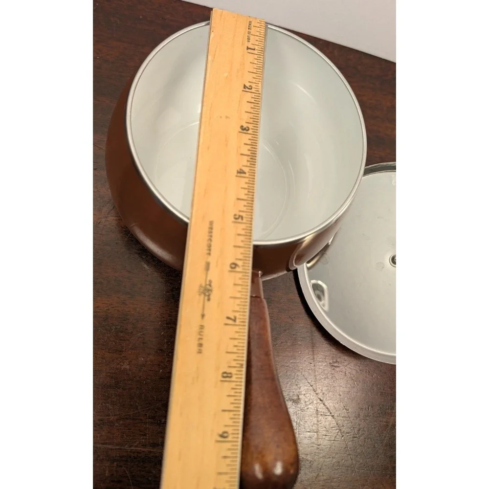 Vintage 1970s Brown Enamel Fondue Pot 6 Color Coded Forks Wood Handles Retro
